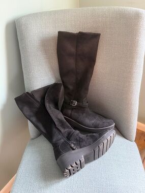 BZees Faux Black Suede over the calf stretch boots